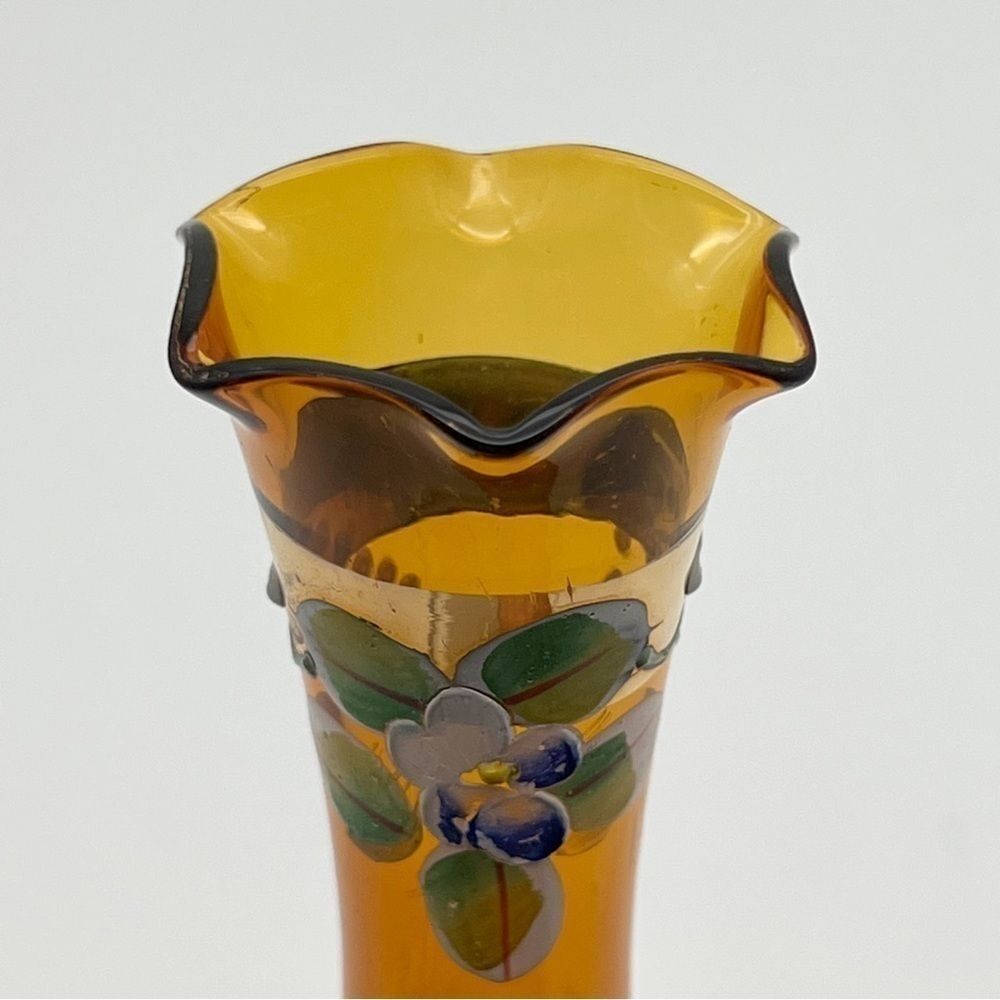 Vintage Amber Art Glass Floral Fluted Hand Painted Bud Vase With Gold Trim 7.75” - Picture 8 of 10